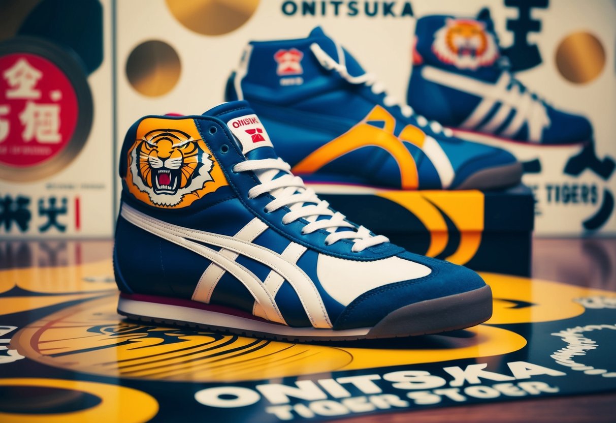 A vintage-style poster featuring iconic Onitsuka Tiger sneakers surrounded by Japanese motifs and promotional text