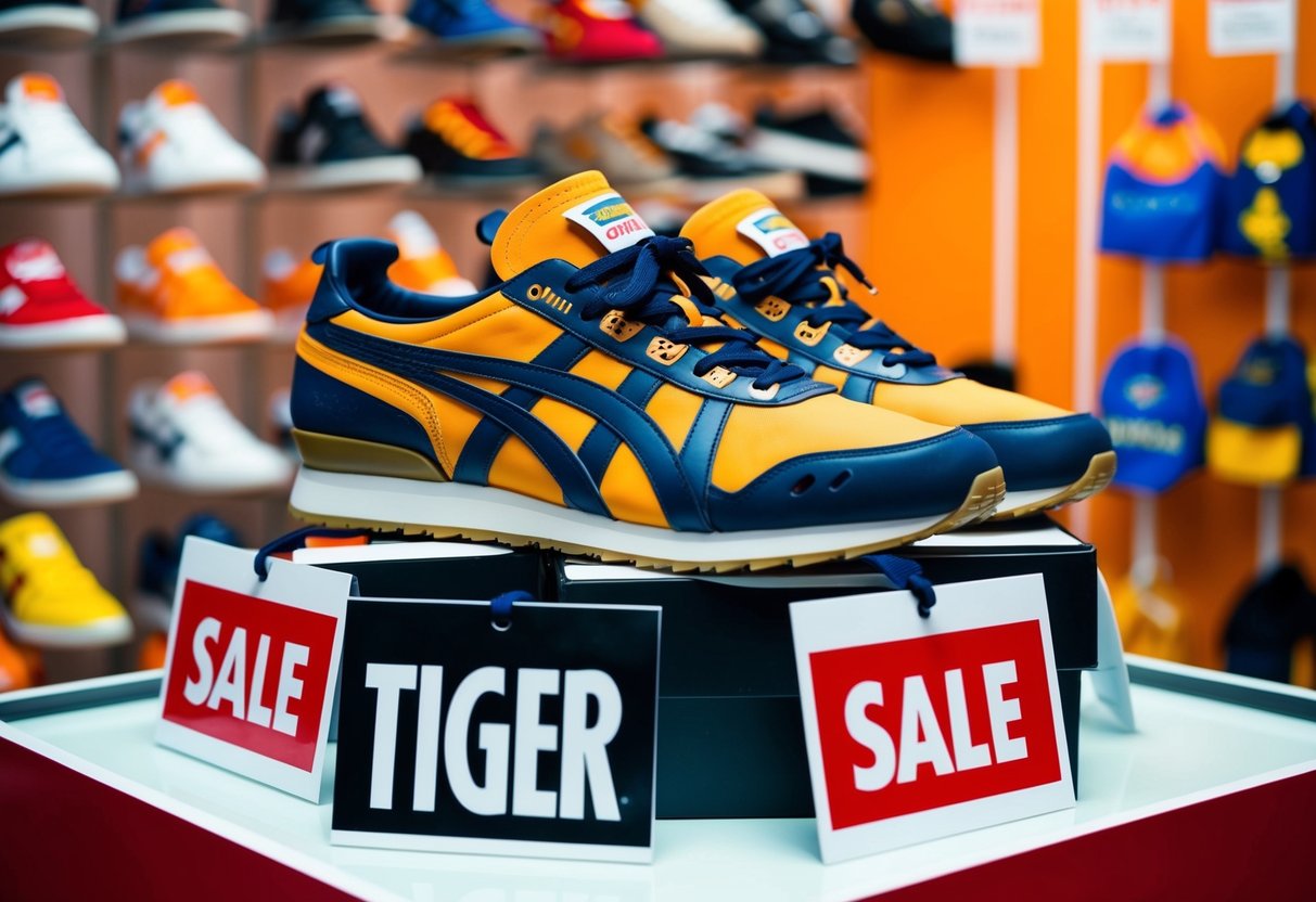 A colorful display of Onitsuka Tiger shoes and accessories with sale tags and promotional signs