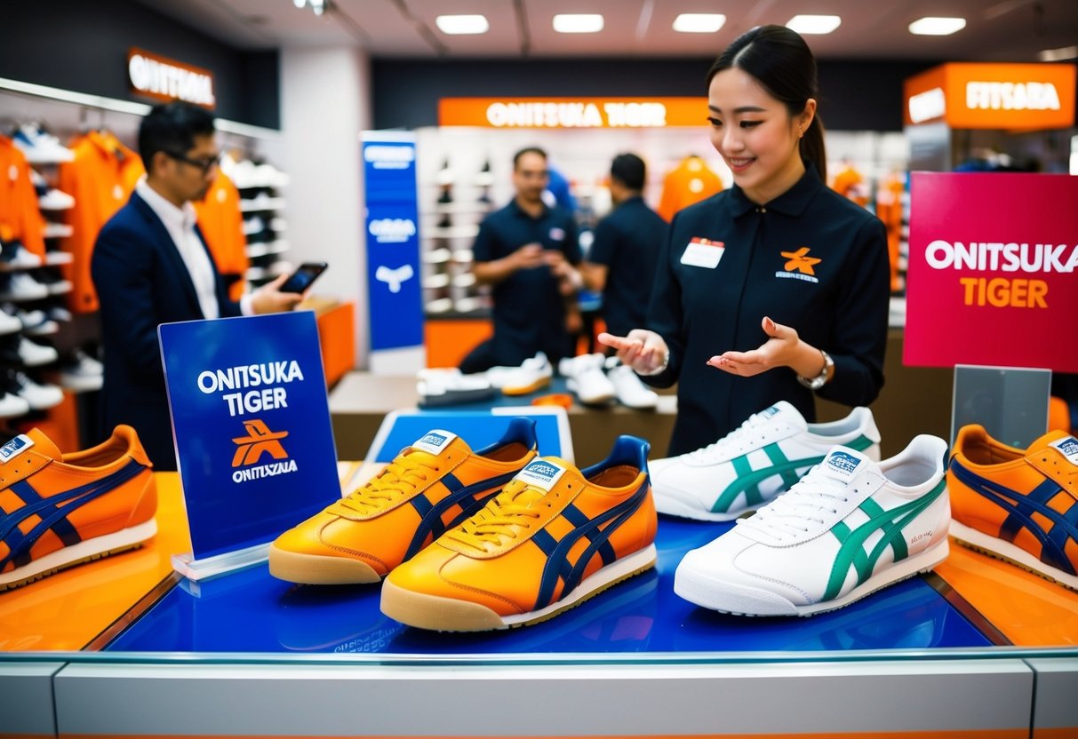 A vibrant display of Onitsuka Tiger shoes with promotional signage and a customer service representative answering questions