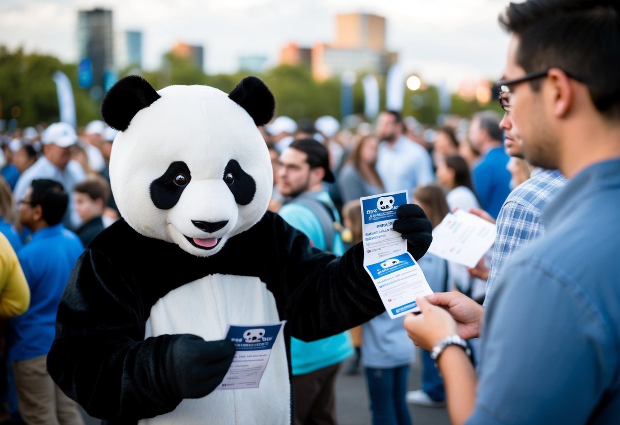 A panda mascot handing out flyers at a crowded event