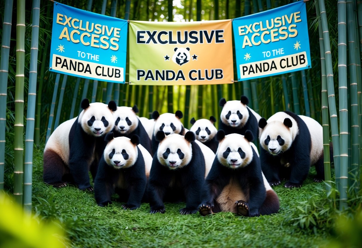 A group of pandas gather in a lush bamboo forest, surrounded by colorful banners and signs promoting exclusive access to the Panda Club