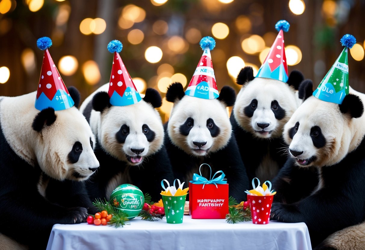 Pandas in party hats gather around a table with seasonal decorations and promotional items