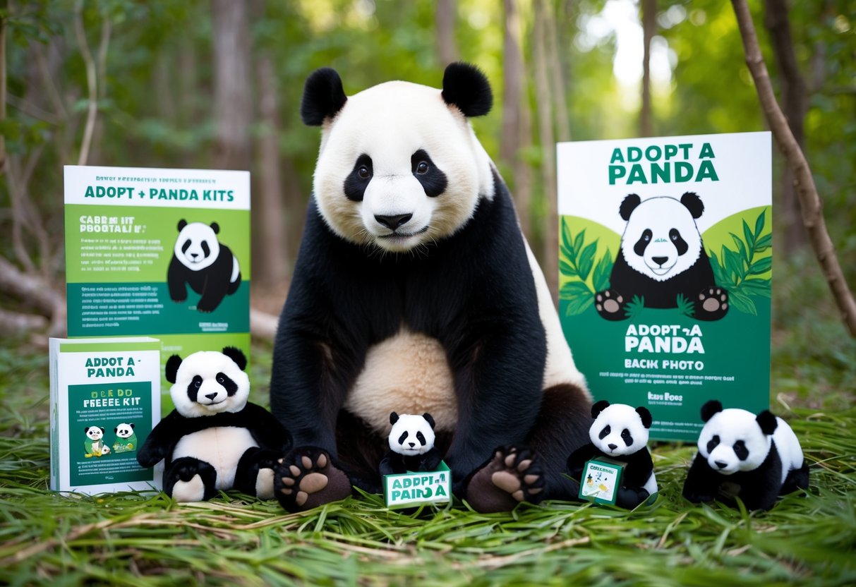 A panda sits surrounded by promotional materials for Adopt-a-Panda Kits, including plush toys, posters, and informational brochures