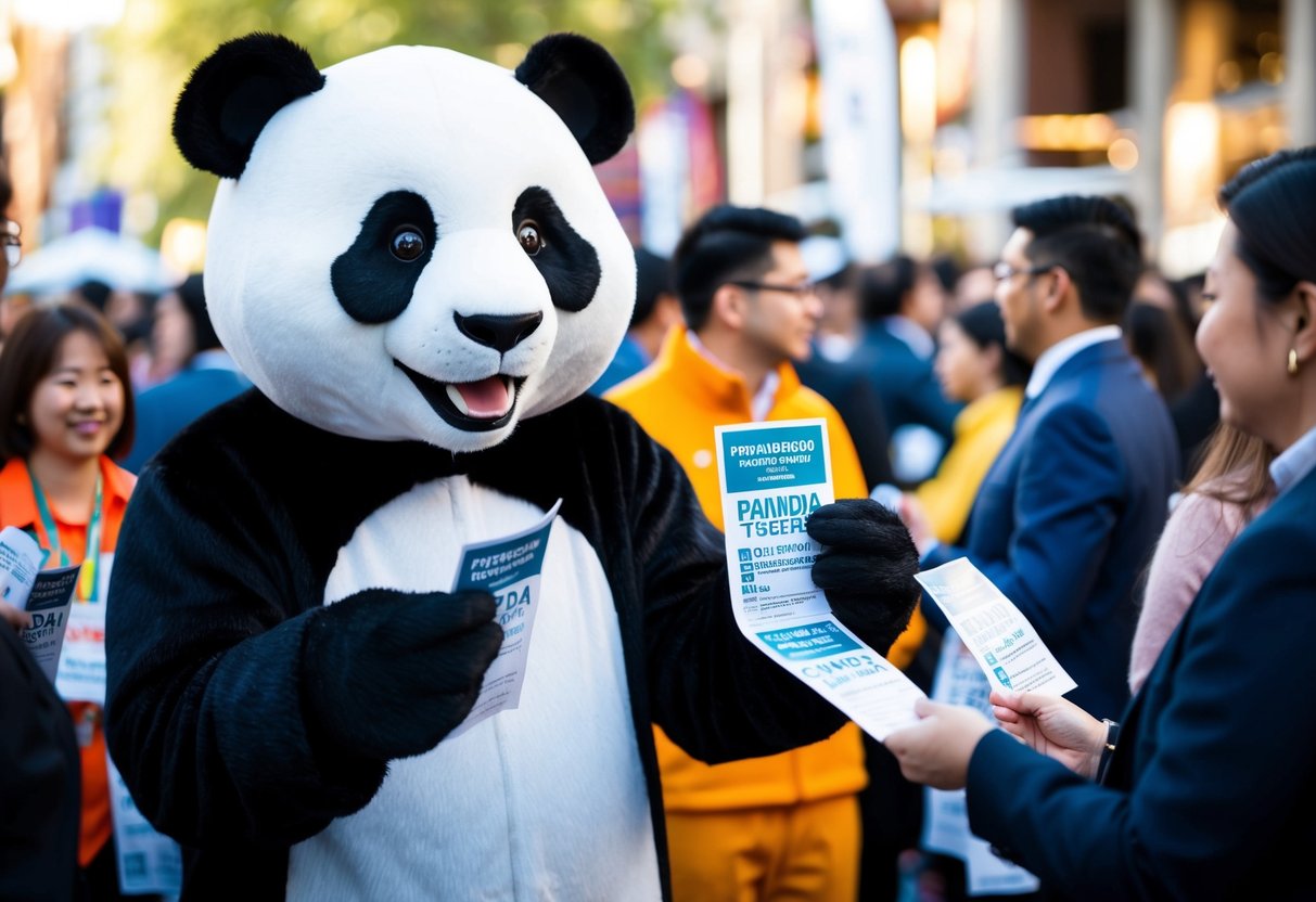A panda mascot handing out promotional flyers at a crowded event