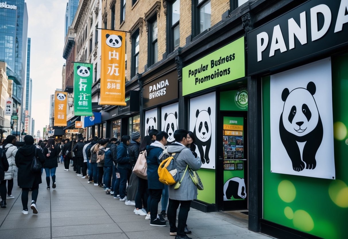 A bustling city street with panda-themed banners and signs adorning storefronts, as people line up outside a popular business participating in the panda promotions