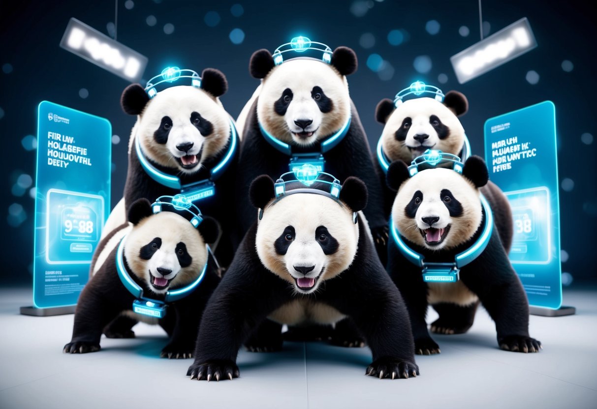 A group of playful pandas wearing futuristic accessories, surrounded by holographic promotional displays