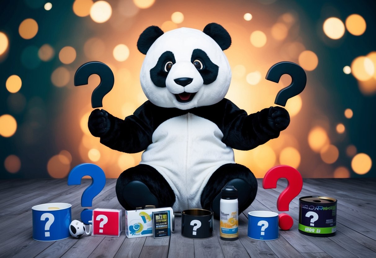 A panda mascot surrounded by question marks and promotional items