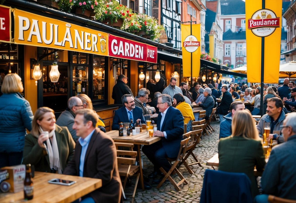 A crowded beer garden with Paulaner banners, tables, and people enjoying the promotions