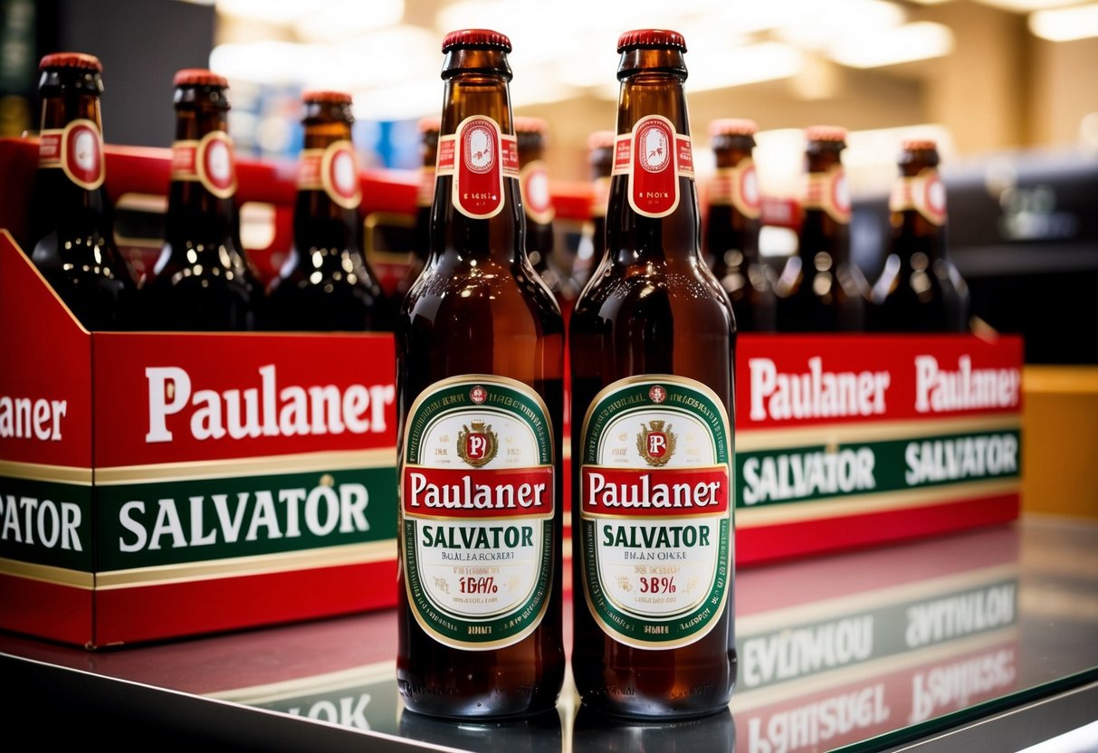 A display of Paulaner Salvator beer bottles with promotional signs