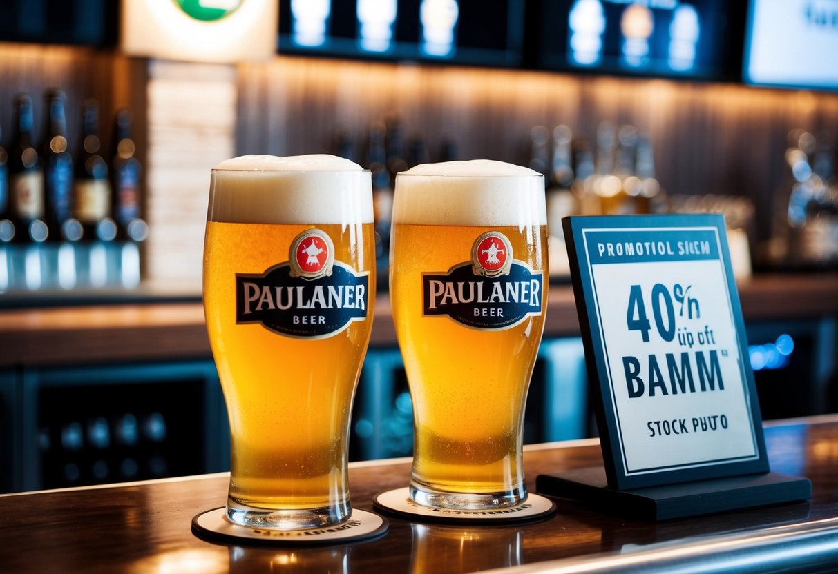 Two pints of Paulaner beer on a bar counter, with a promotional sign next to them