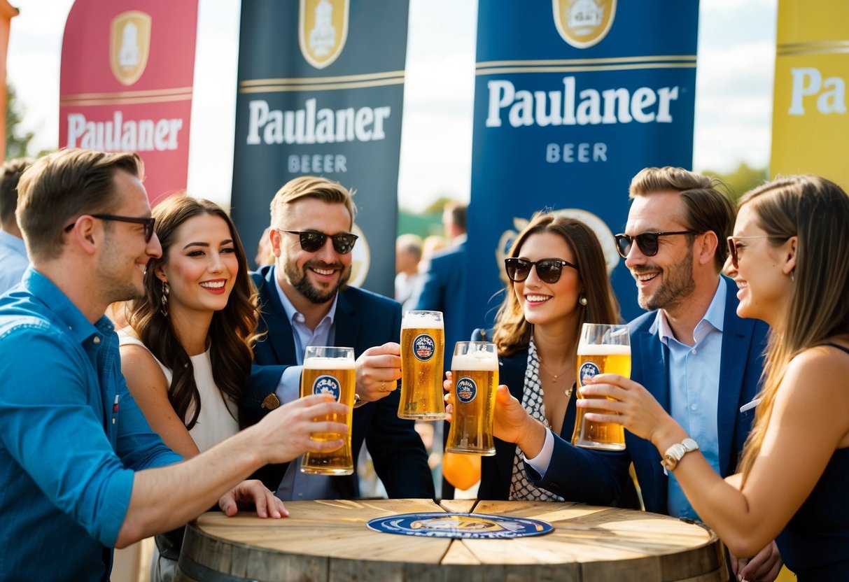 A group of people enjoying Paulaner beer at an outdoor event, surrounded by branded banners and promotional materials