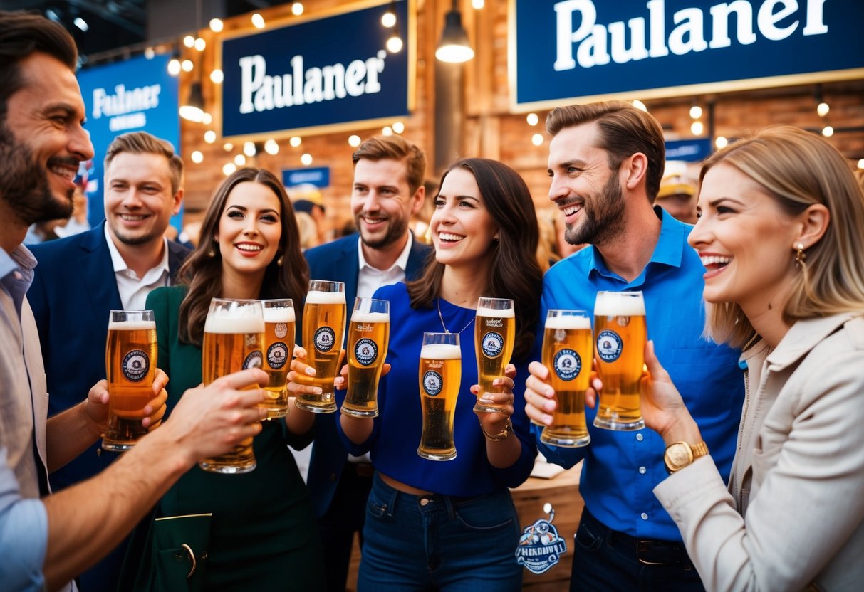 A group of people enjoying Paulaner beer at a lively promotional event, surrounded by branded banners and merchandise