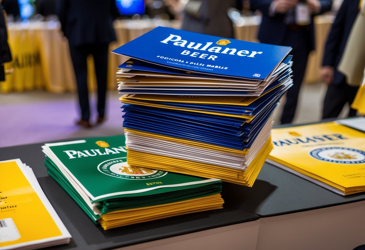 A stack of promotional materials for Paulaner beer, including banners, flyers, and merchandise, displayed on a table at an event