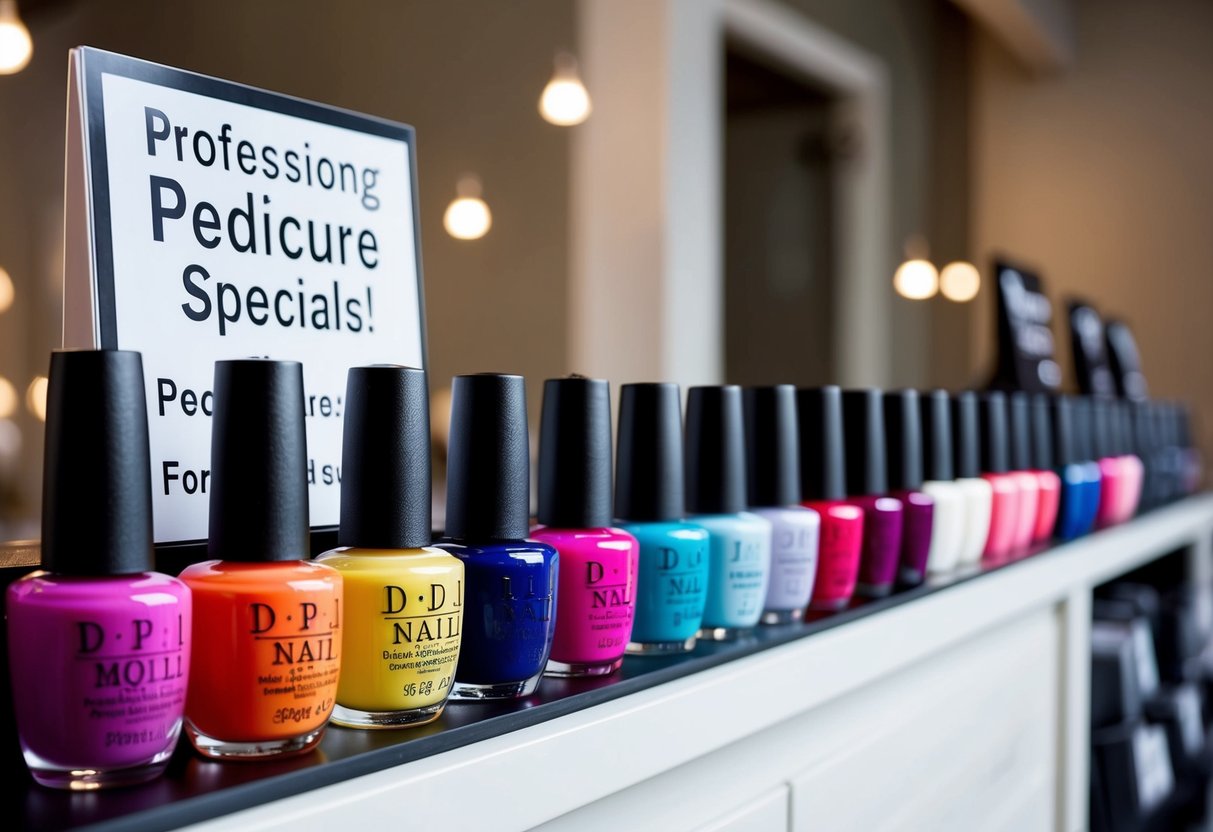 A row of colorful nail polish bottles on a display shelf with a sign promoting pedicure specials