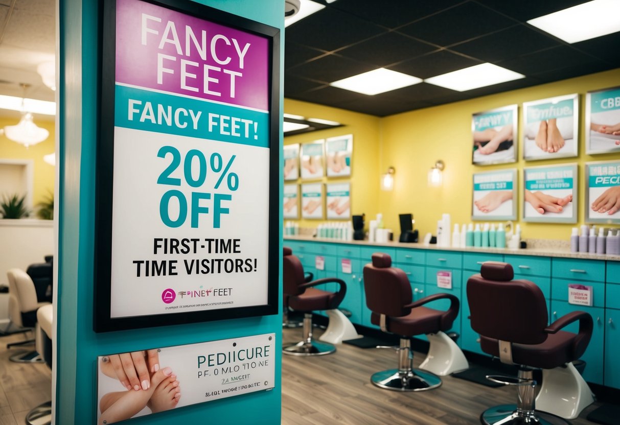A colorful salon interior with a sign advertising "Fancy Feet: 20% Off for First-Time Visitors!" and images of pedicure promotions displayed