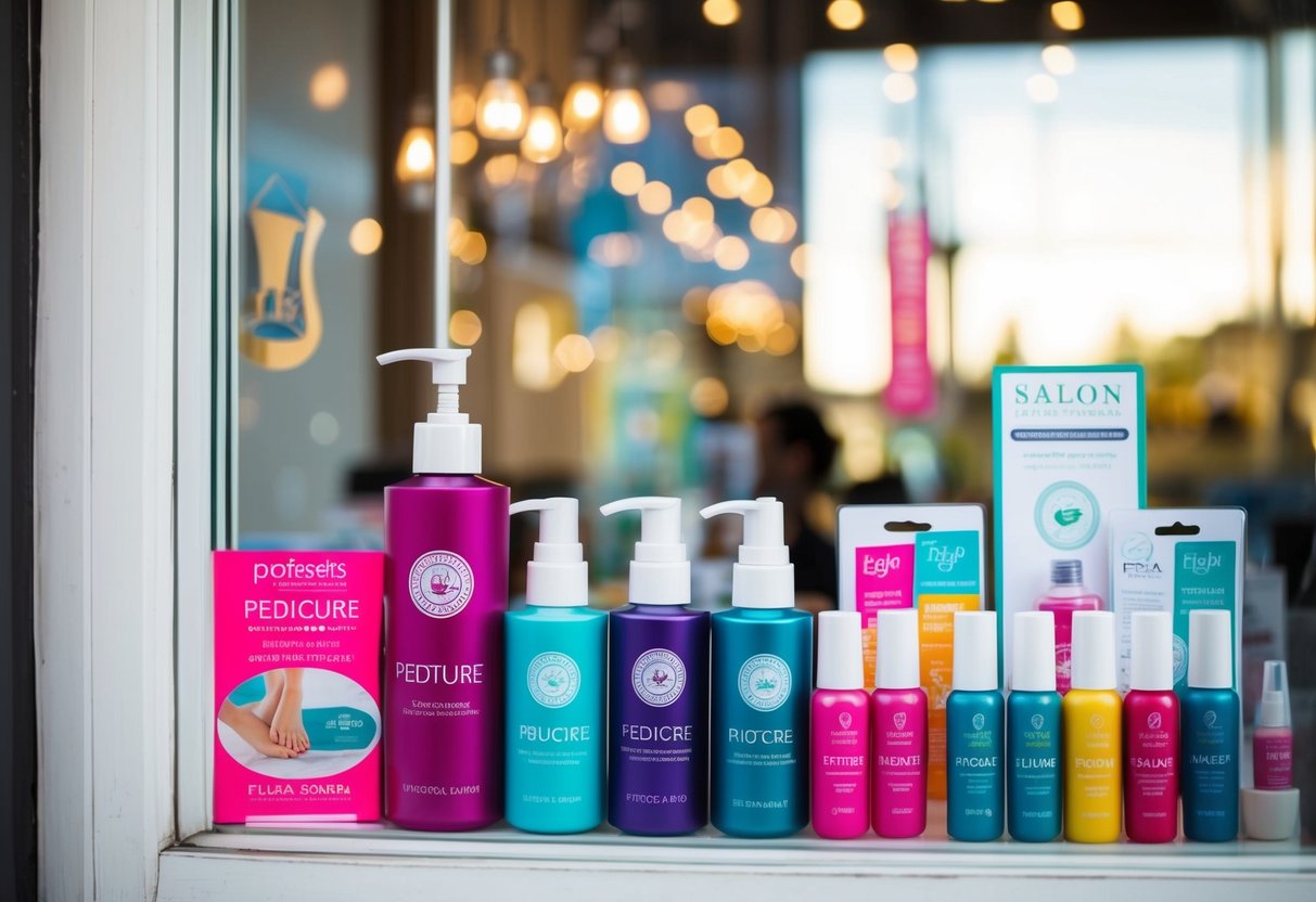 A colorful display of pedicure products and promotional signage in a busy salon window