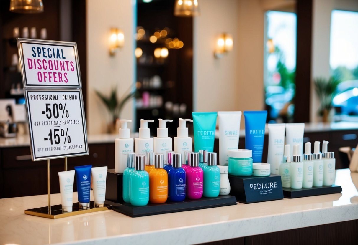 A colorful display of pedicure products and promotional materials arranged on a salon counter. A sign advertises special discounts and offers