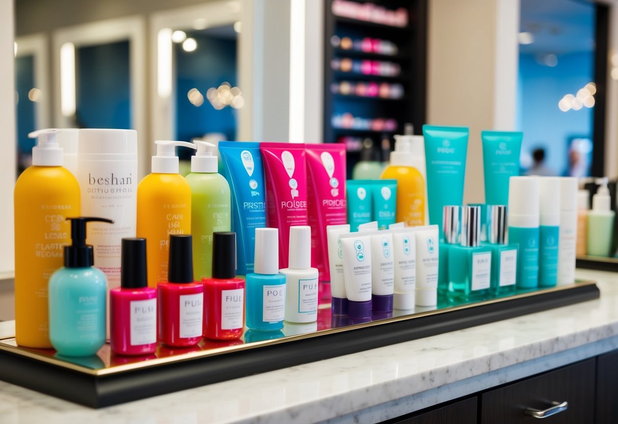 A colorful display of pedicure products and promotional materials arranged on a salon counter