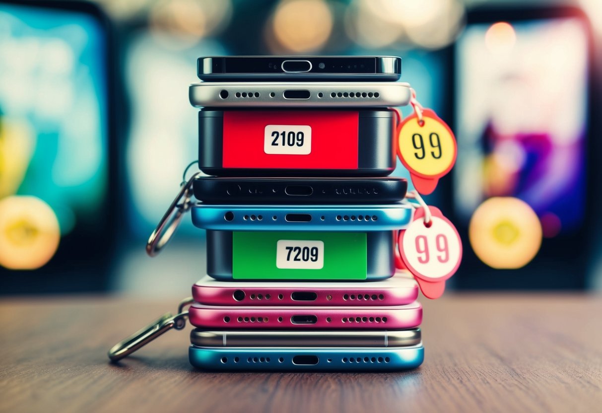 A stack of colorful smartphones with price tags and promotional banners
