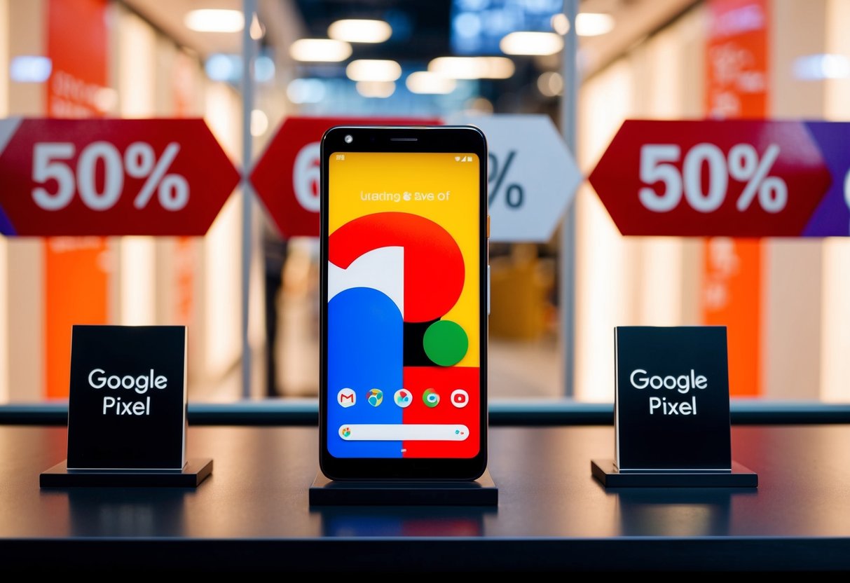 A Google Pixel 6 displayed with discount signs and promotional banners