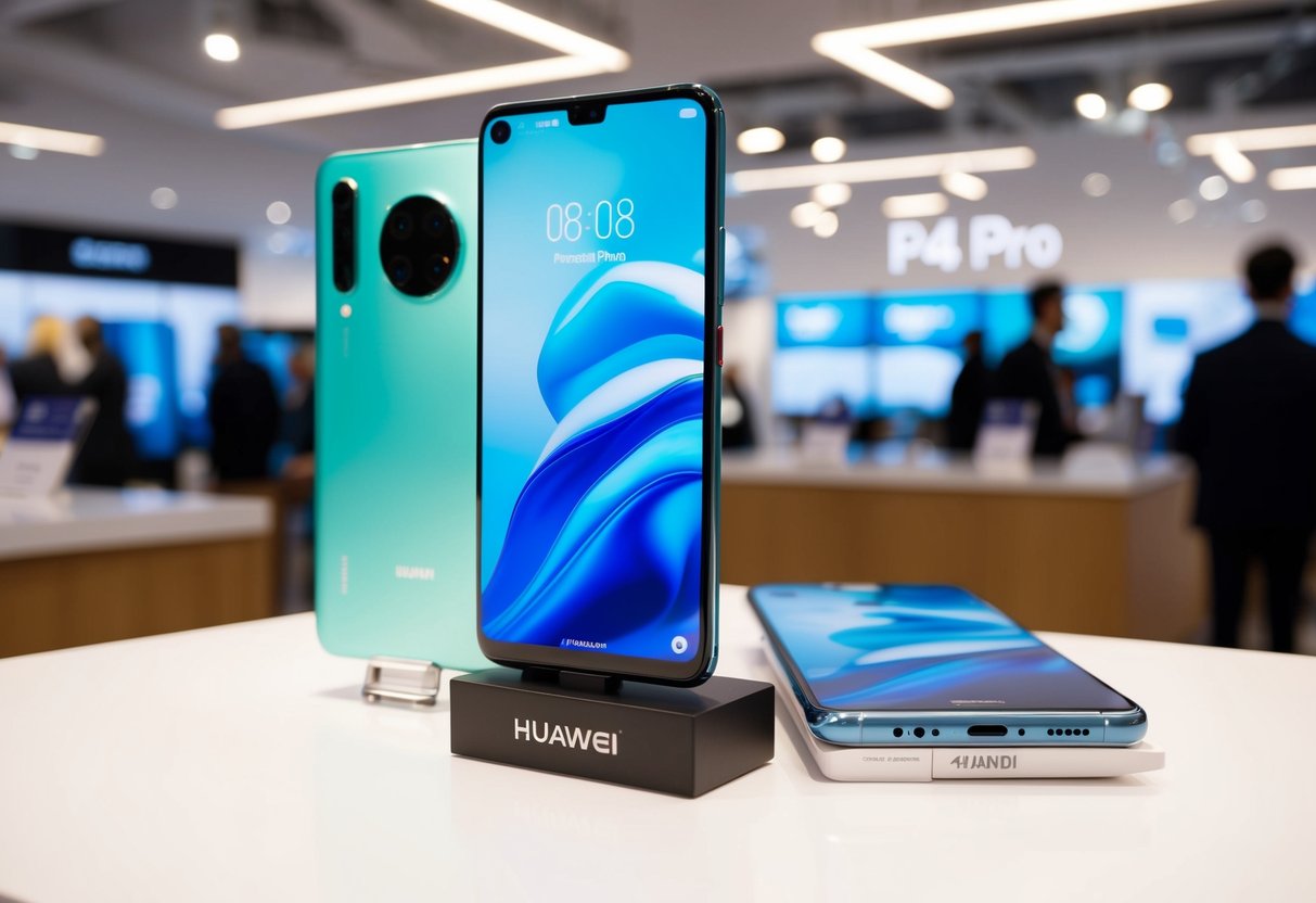 A sleek Huawei P40 Pro phone displayed with promotional materials in a bright, modern retail setting