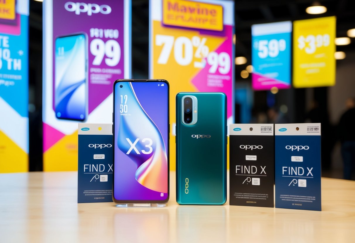A sleek Oppo Find X3 Pro phone displayed with promotional banners and discounts