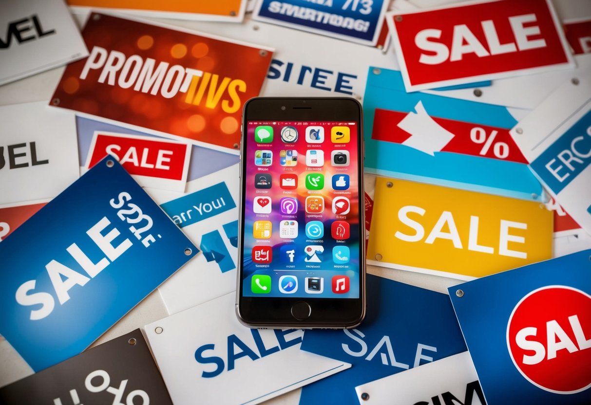 A smartphone surrounded by promotional banners and sale signs