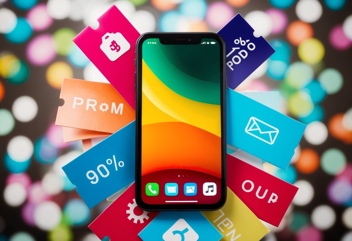 A smartphone surrounded by colorful promotional banners and icons