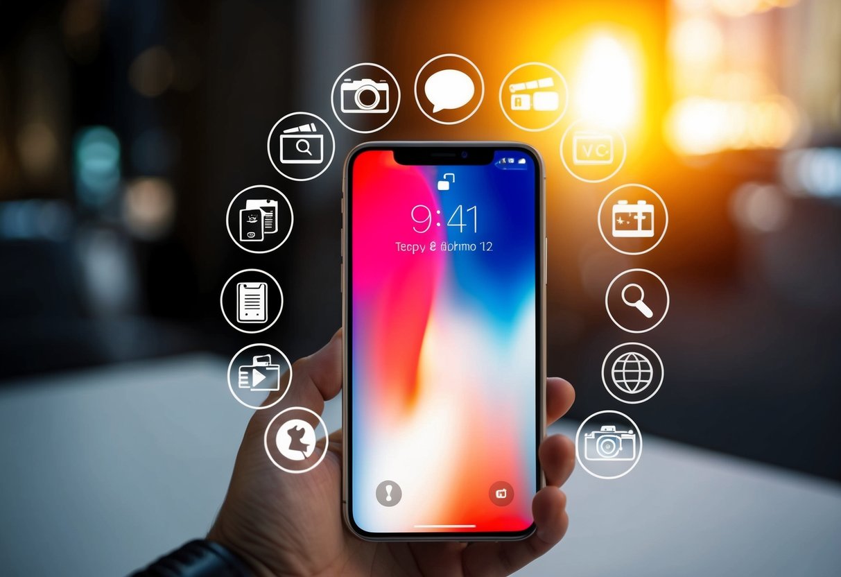 A smartphone with a glowing screen surrounded by promotional icons and symbols
