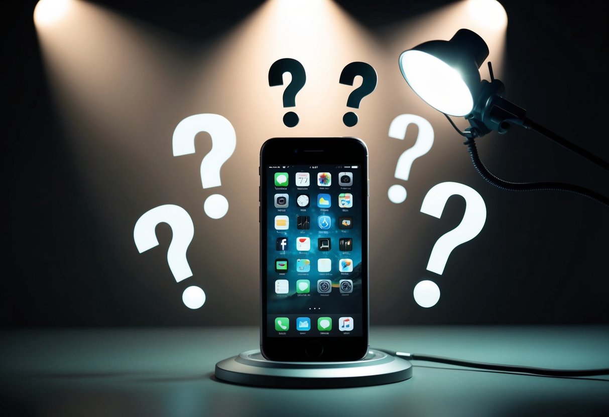 A phone surrounded by question marks, with a spotlight shining on it