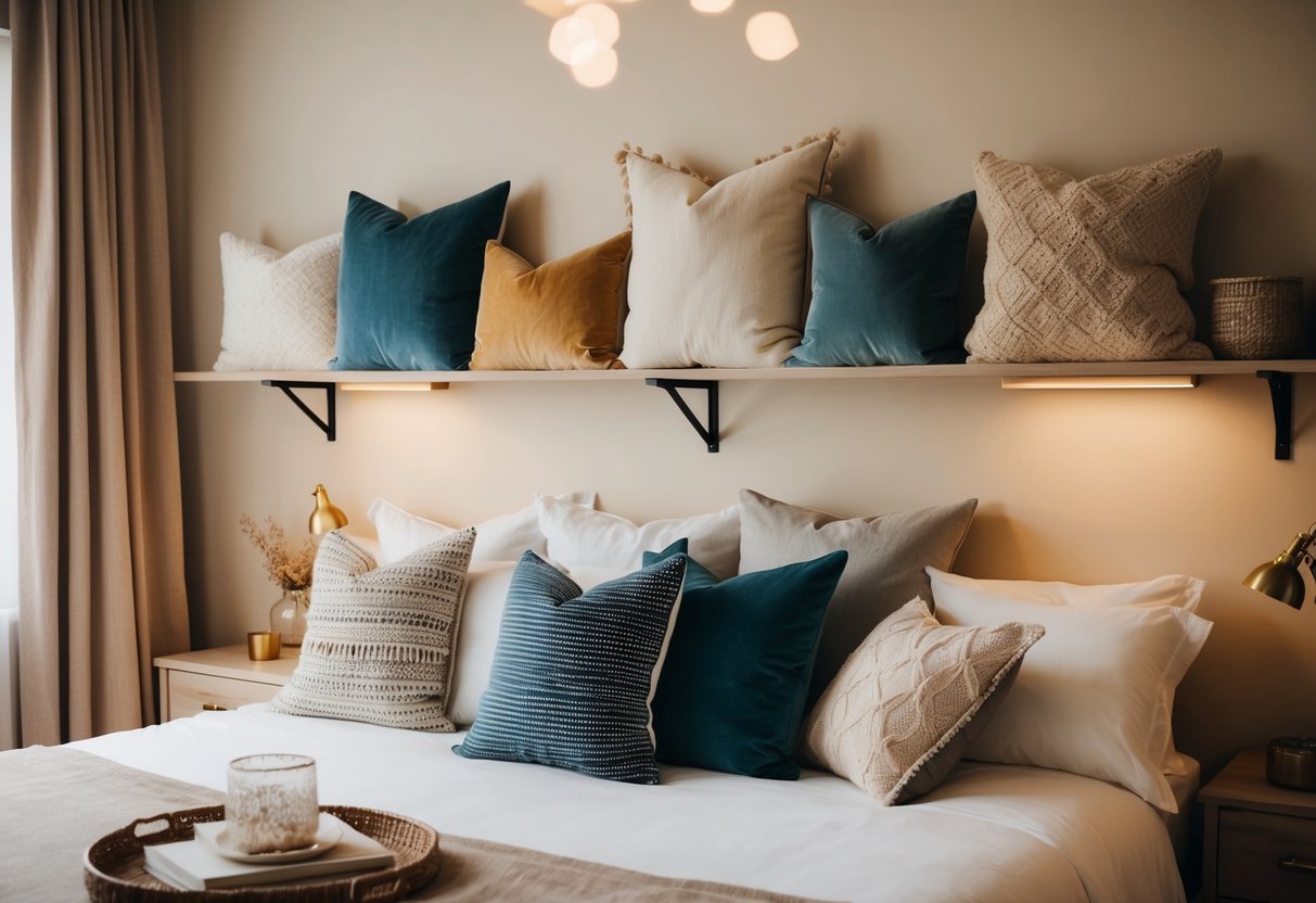 A cozy bedroom with various types of pillows displayed on a bed and shelves, with soft lighting and a warm color palette