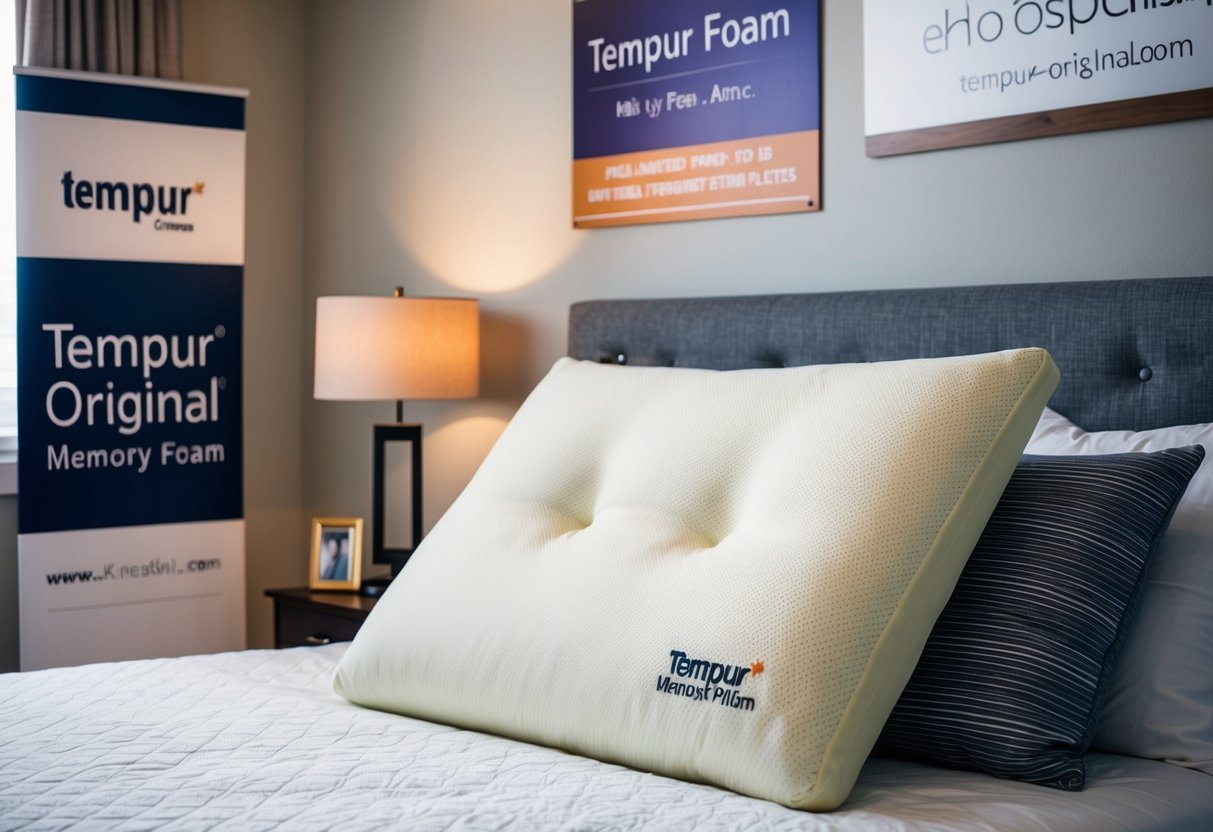 A cozy bedroom with a plush Tempur Original Memory Foam Pillow surrounded by promotional signs and banners
