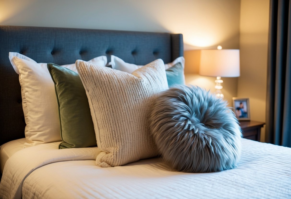 A cozy bedroom with a large, fluffy pillow prominently displayed on a neatly made bed, surrounded by soft, inviting lighting