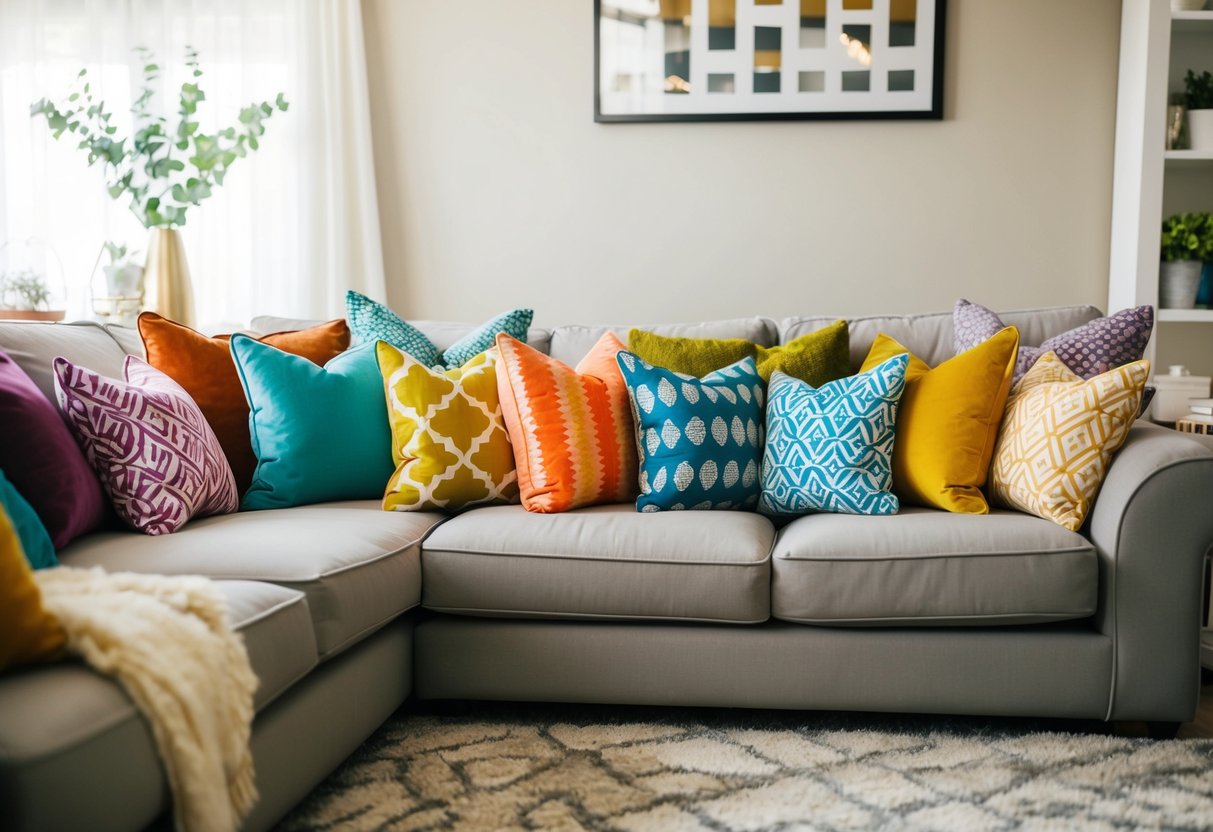 A cozy living room with a variety of colorful and patterned pillows arranged on a comfortable couch and a soft rug
