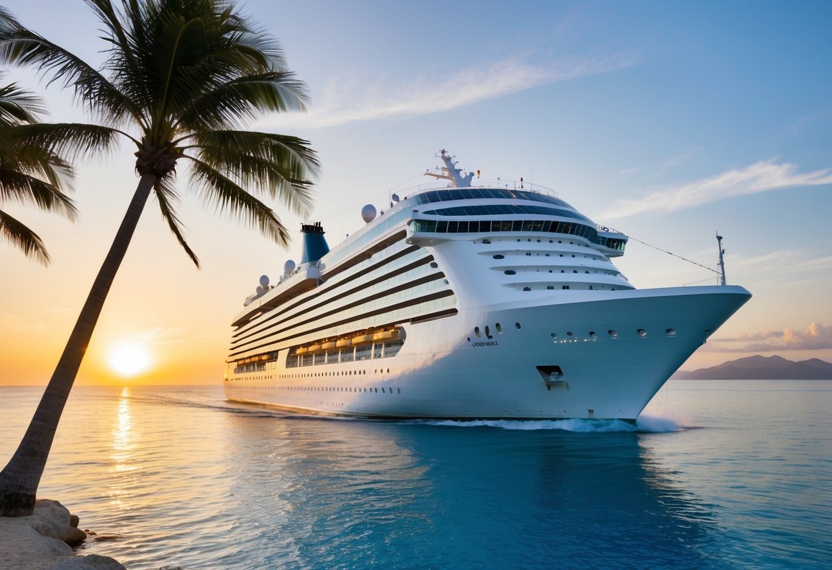 A luxurious cruise ship sailing through crystal-clear waters, surrounded by palm trees and a stunning sunset
