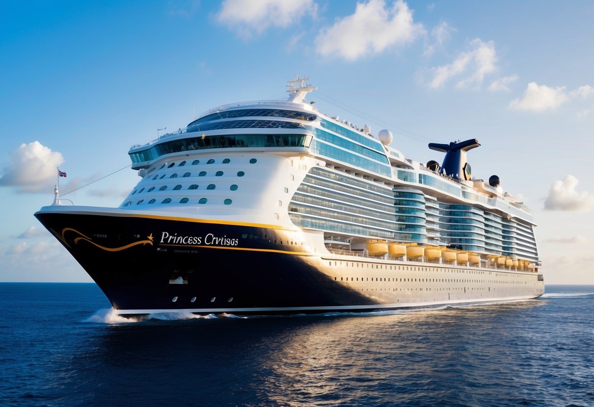 A luxurious cruise ship with the Princess Cruises logo prominently displayed, surrounded by sparkling blue ocean and a clear sky