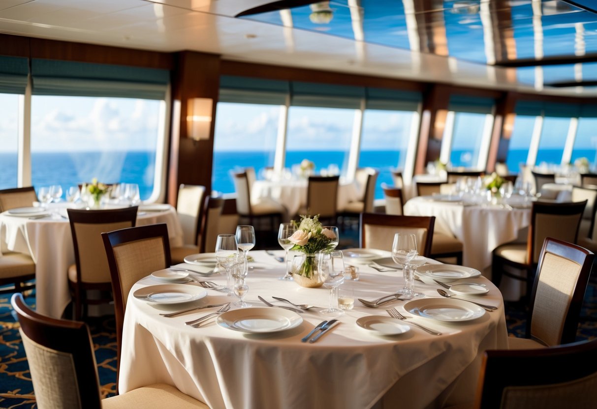 A beautifully set dining table on a cruise ship, with elegant place settings and a view of the ocean through large windows