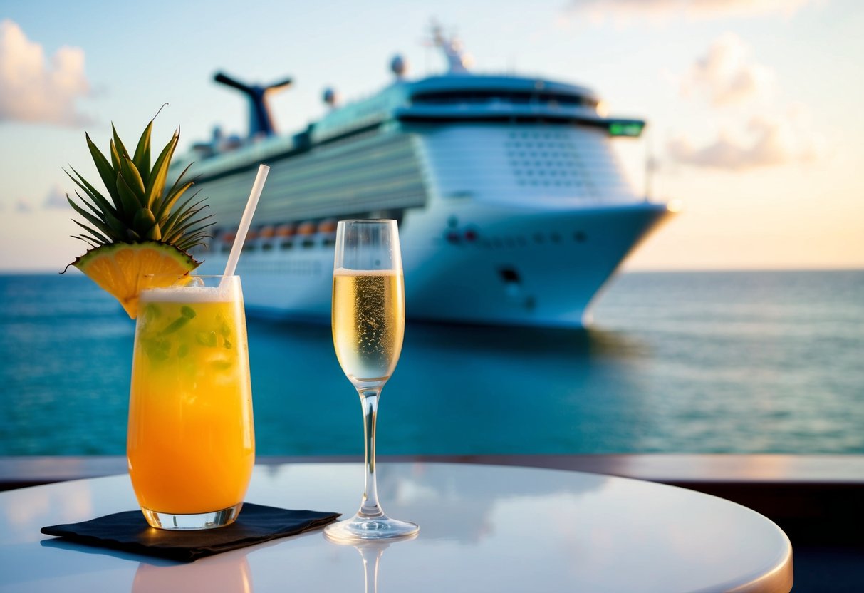 A tropical cocktail and a glass of champagne on a table with a cruise ship in the background