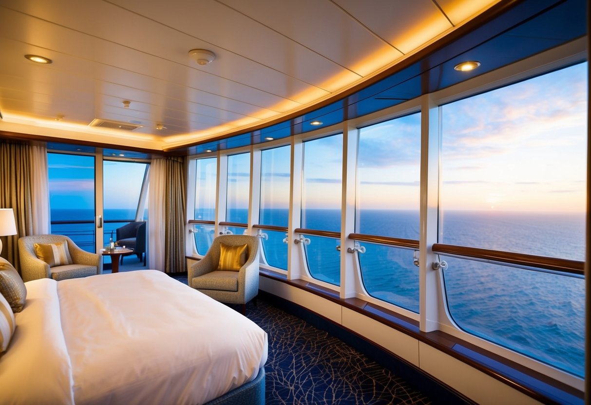 A luxurious cruise ship room with elegant furnishings and a view of the ocean