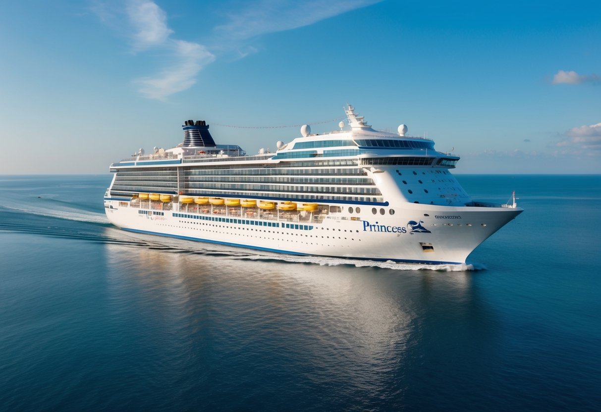 A luxurious cruise ship sailing on calm waters under a clear blue sky, with a prominent banner advertising "Reduced Deposit Offer" for Princess Cruises