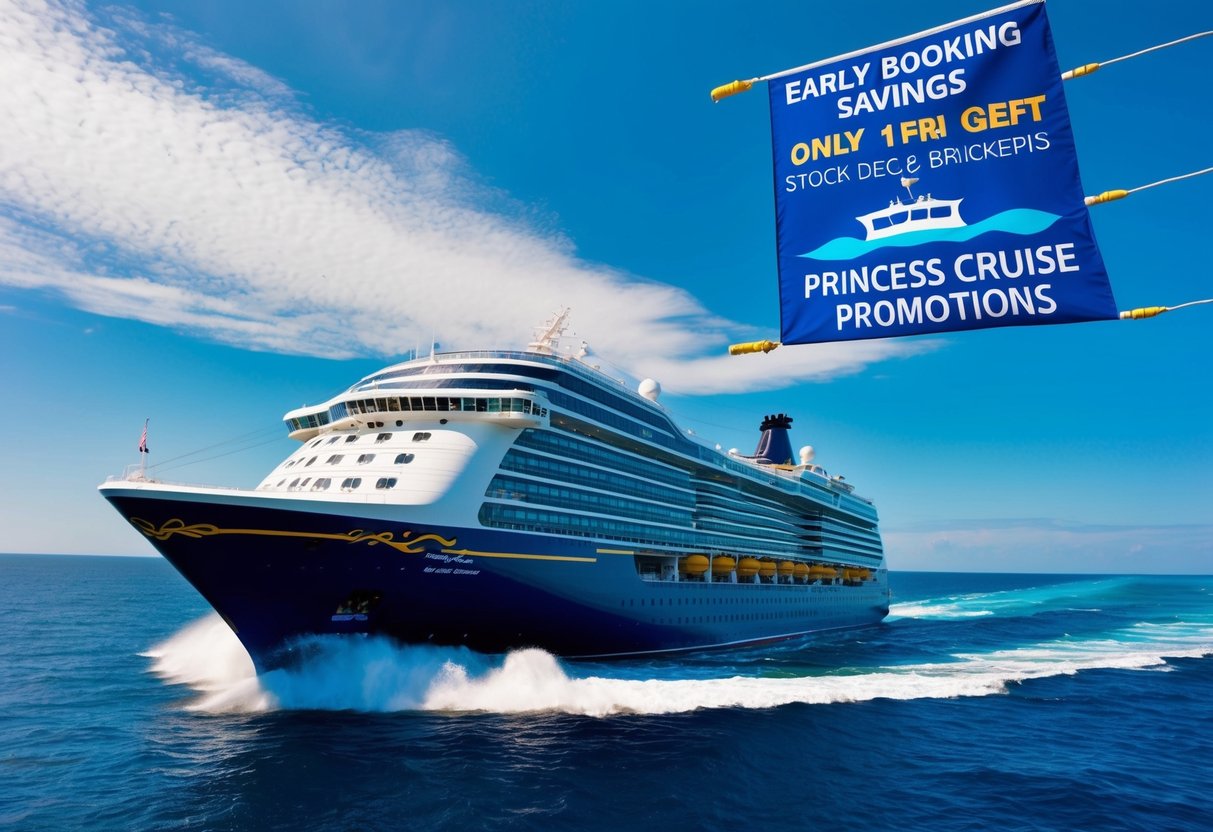 A majestic cruise ship sailing through crystal blue waters under a clear sky, with a banner displaying "Early Booking Savings" and "Princess Cruise Promotions" fluttering in the breeze