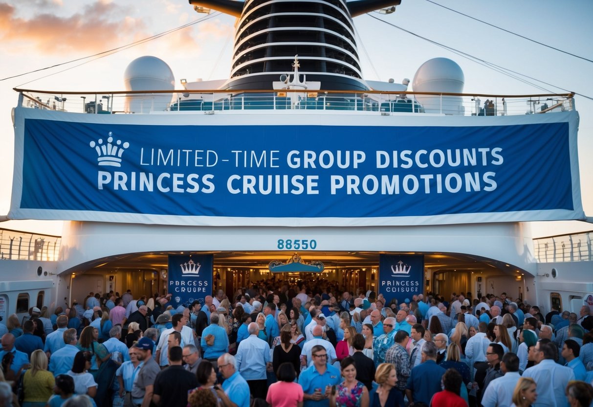 A crowded cruise ship deck with a large banner advertising "Limited-Time Group Discounts princess cruise promotions" hanging above the ship's entrance