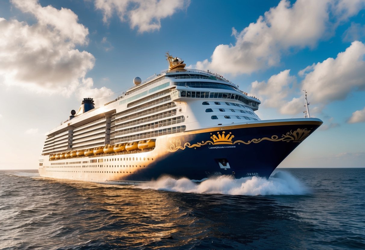 A regal cruise ship adorned with gold accents and a crown emblem, surrounded by sparkling waves and a banner showcasing loyalty program bonuses