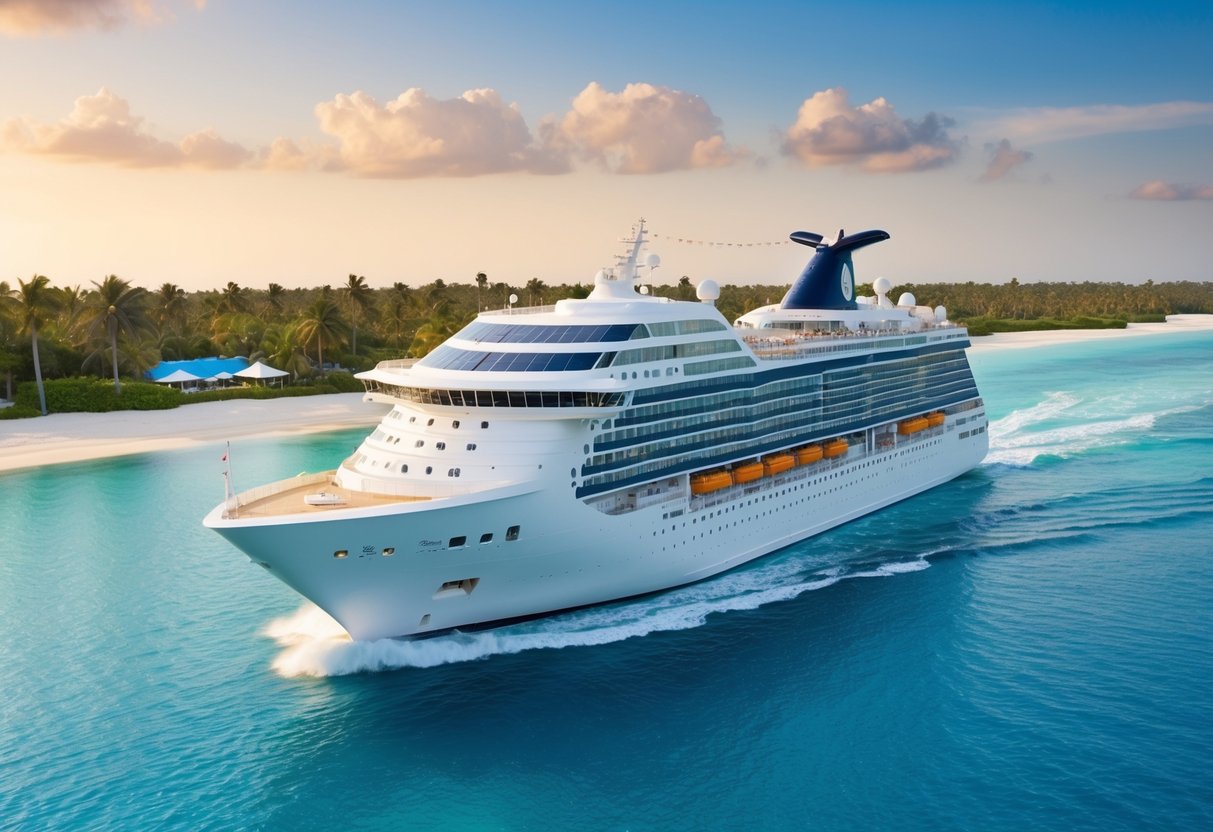 A luxurious cruise ship sailing through crystal-clear waters, with palm trees and white sandy beaches in the background