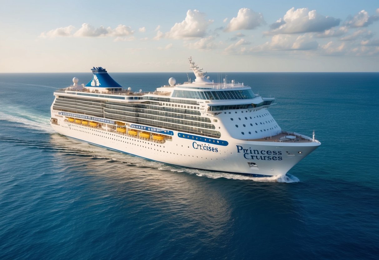 A luxurious cruise ship sailing through crystal-clear waters, with a grand "Princess Cruises" logo displayed prominently on the side