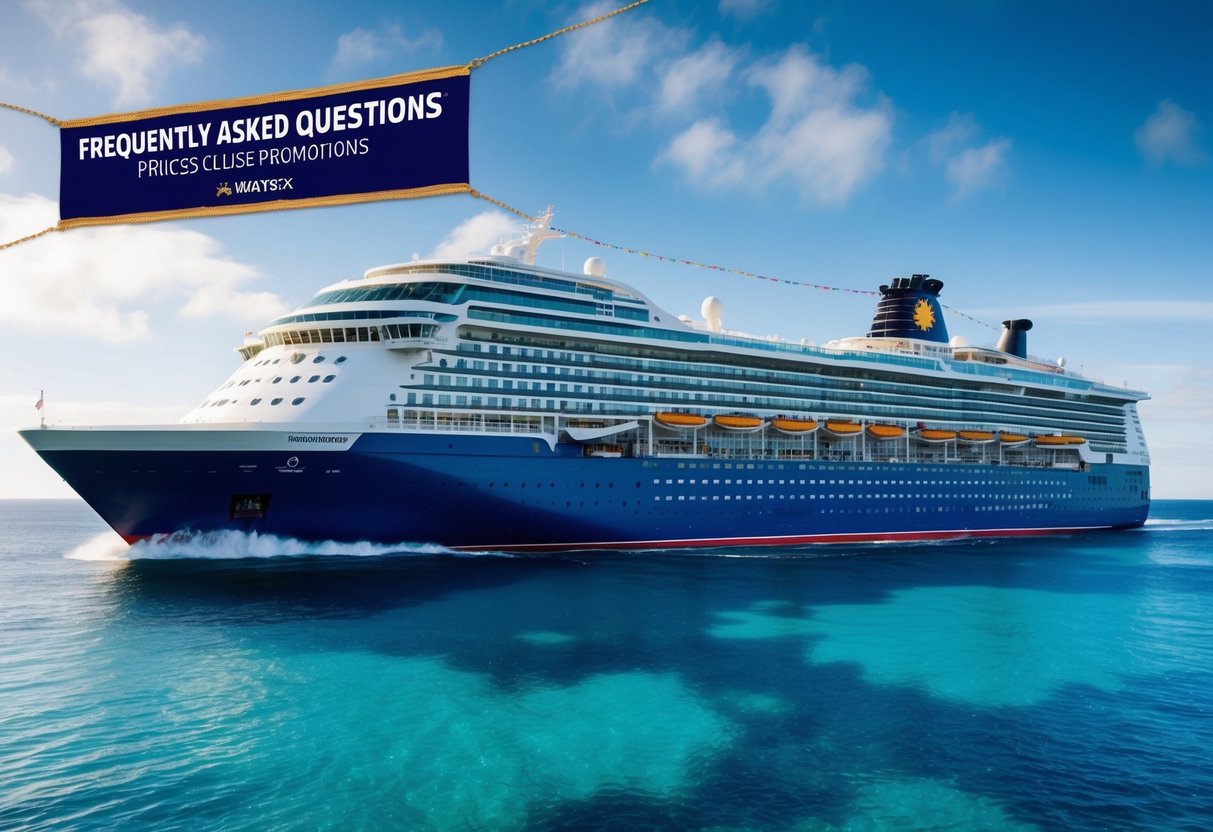 A regal cruise ship sailing through clear blue waters, with a banner displaying "Frequently Asked Questions" and "Princess Cruise Promotions" prominently displayed