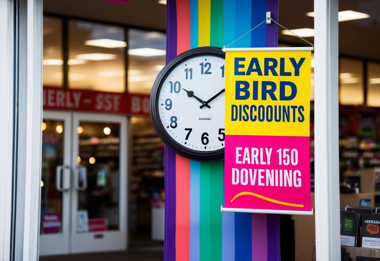 A colorful banner hanging outside a store, with a large clock showing an early morning time and a bold "Early Bird Discounts" promotion