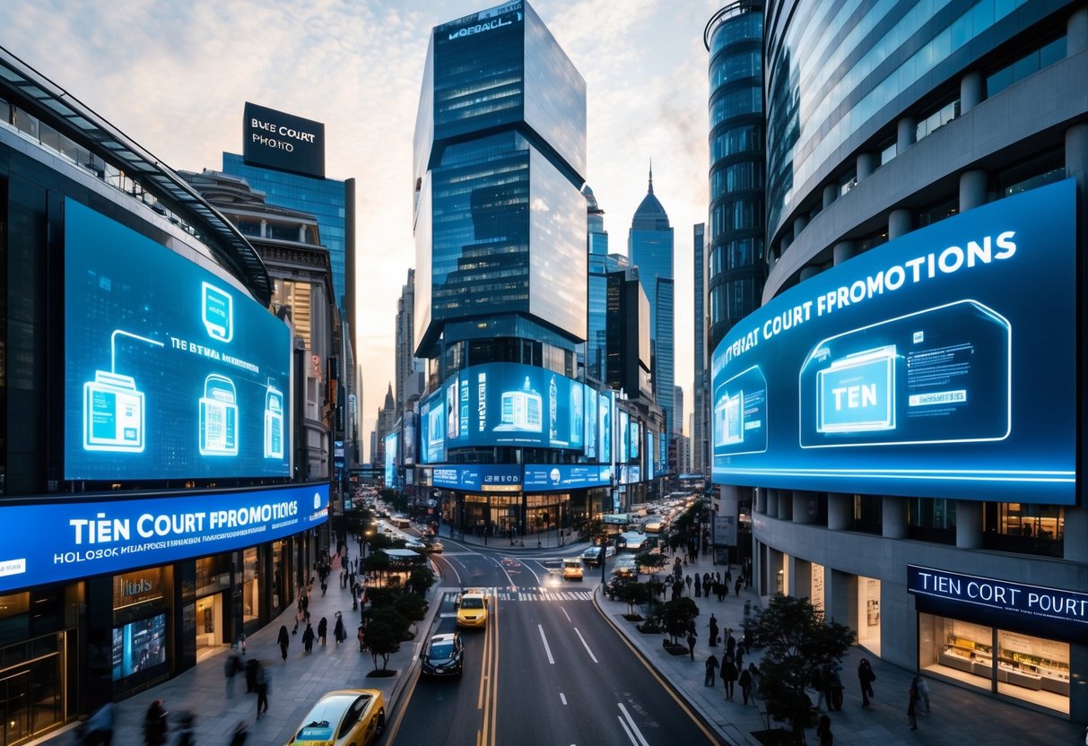 A bustling city street with futuristic buildings and holographic advertisements, showcasing the cutting-edge technology and innovation of Tien Court Promotions