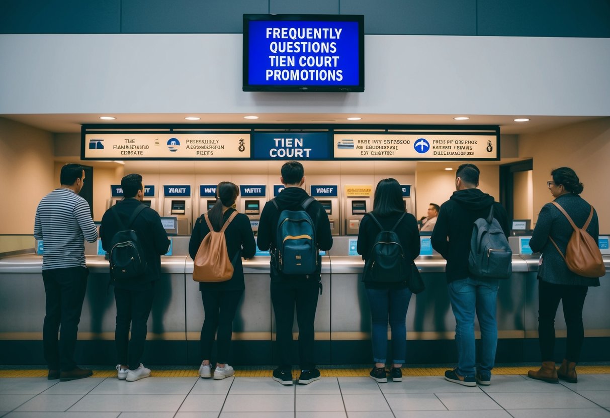 A line of people at a ticket counter, with a sign above reading "Frequently Asked Questions tien court promotions"