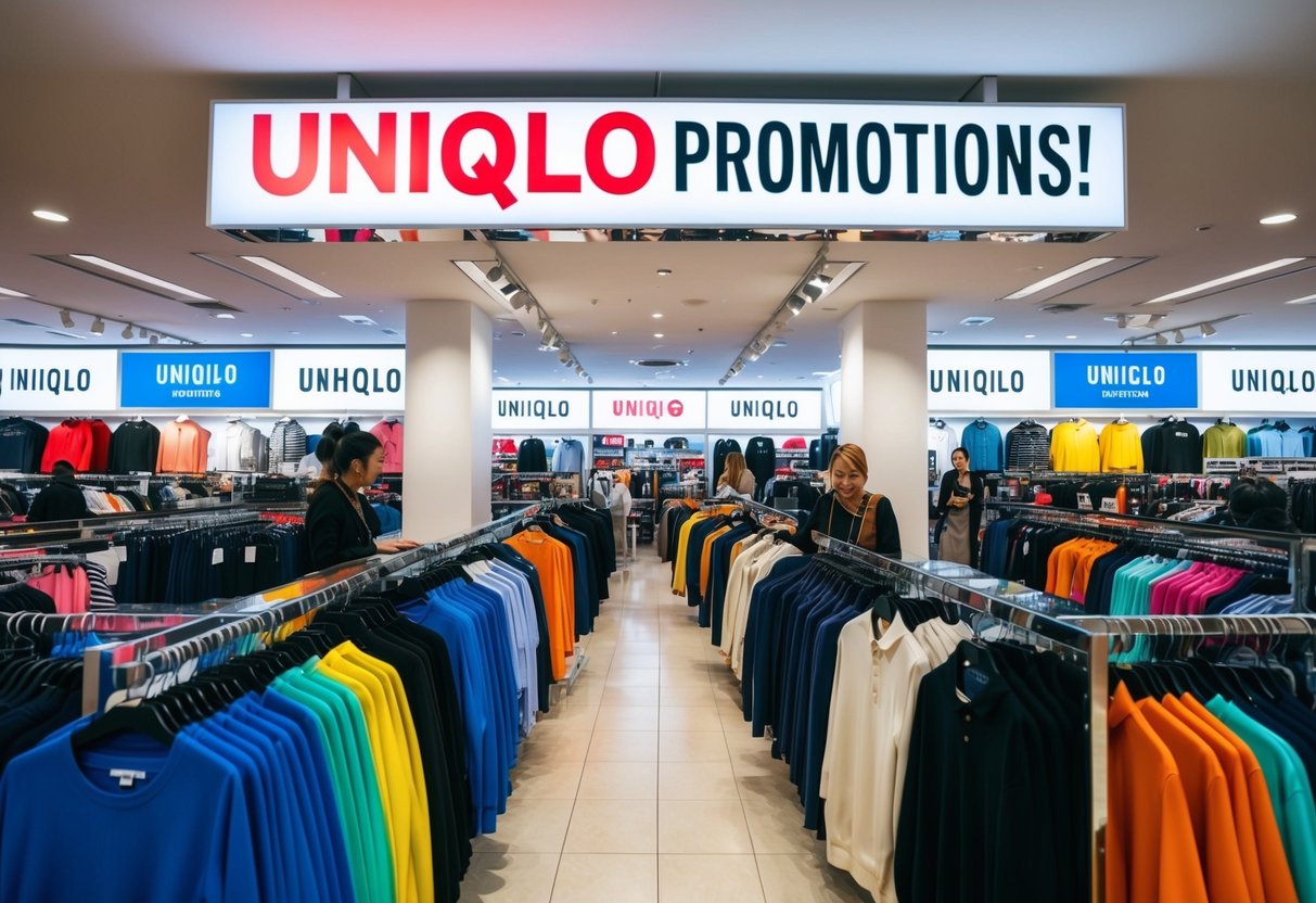 A crowded store with colorful displays of clothing and large signs promoting Uniqlo's latest promotions
